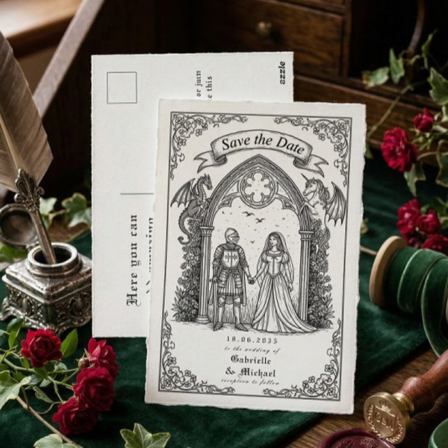 Medieval Gothic Knight Bride Groom Save The Date Postkarte (Von Creator hochgeladen)
