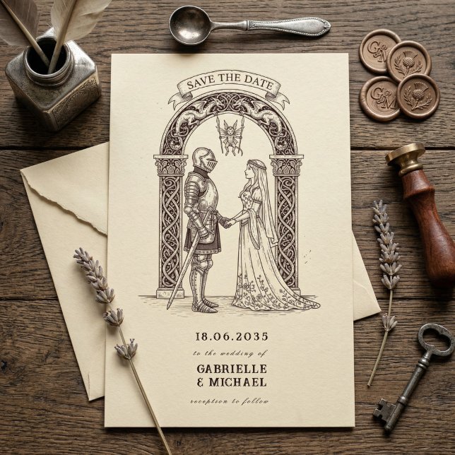 Medieval Gothic Knight  Sepia Wedding Save The Date (Von Creator hochgeladen)