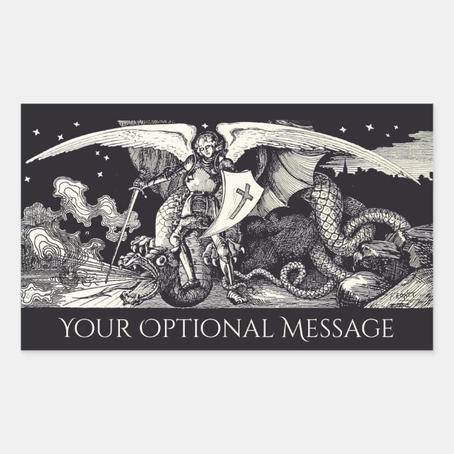 Medieval Knight and Dragon Black and White Rechteckiger Aufkleber (Vorderseite)