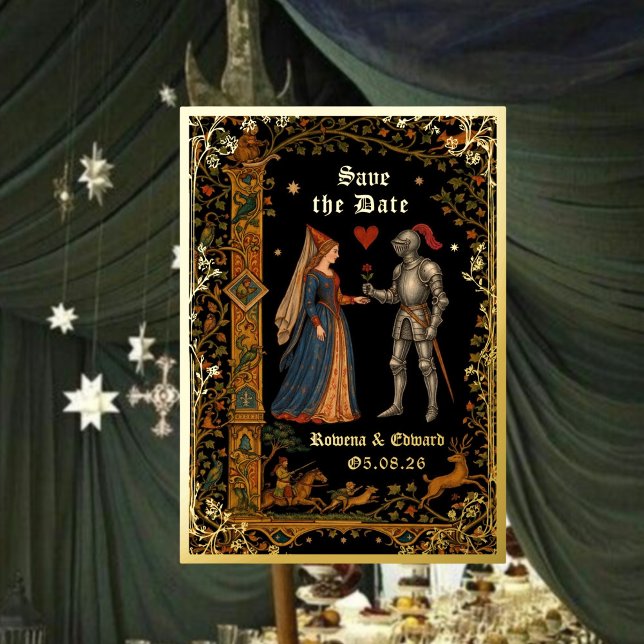 Medieval Knight and Lady Manuscript Save the Date Folieneinladung (Von Creator hochgeladen)