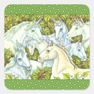 MEDIEVAL UNICORN HERDE, PFERDE, STALLION Fantasy Quadratischer Aufkleber