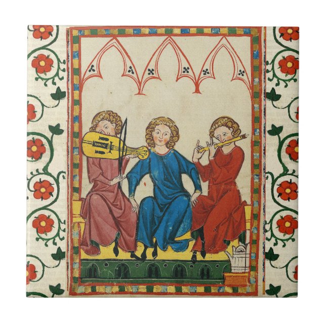MEDIEVALE MUSIK UND MUSIKER,ANTIKQUE MINIATUR FLIESE (Vorderseite)