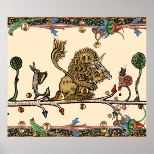 MEDIEVENT BESTIARY MAKING MUSIC Violinist Lion,Har Poster