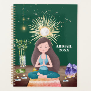 Méditant Yoga Girl Crystals Terre Vert