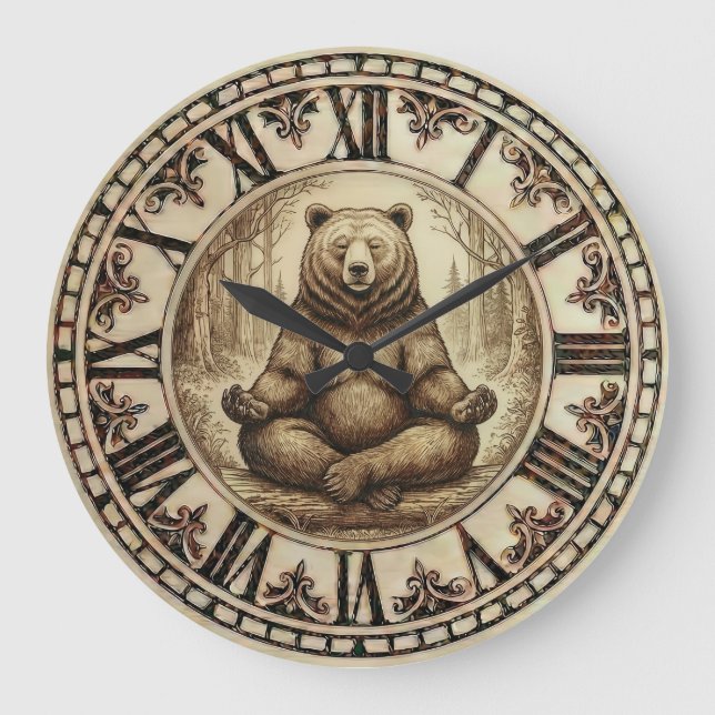 Meditating Bear Wall Clock – Wood-Burned style  Große Wanduhr (Vorderseite)