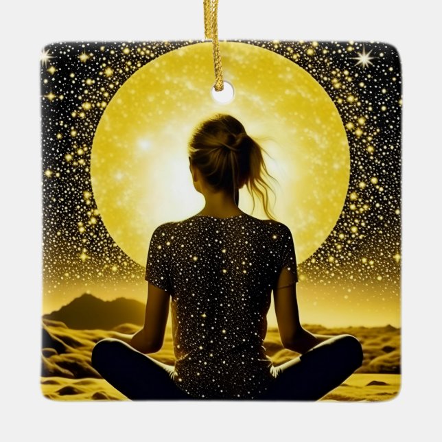 Meditation der Frau unter dem Mond Keramikornament (Vorderseite)