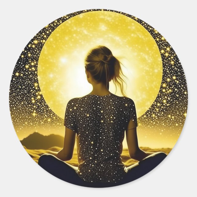 Meditation der Frau unter dem Mond Runder Aufkleber (Vorderseite)