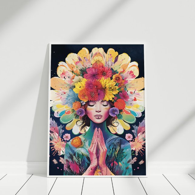 Meditation Girl Blume Universe Poster (Meditating Girl Flowers Universe Poster in white frame against white wall.)