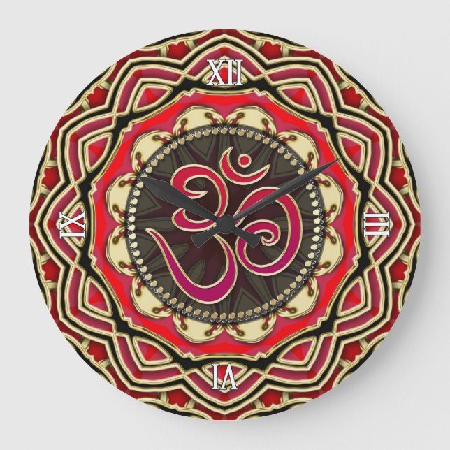 Méditation OM Yoga Rouge or Mandala Horloge murale (Recto)