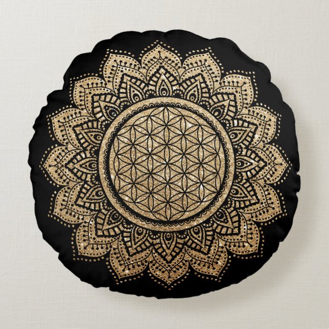 Meditation Pillow Blume des Lebens Mandala Gold Rundes Kissen (Vorderseite)