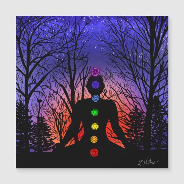 Meditation und die Bäume in einer sternenreichen N Magnetkarte (Vorderseite)