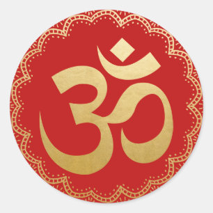 Meditations-Symbol-Yoga-Imitat-Goldfolien-Rot OM Runder Aufkleber