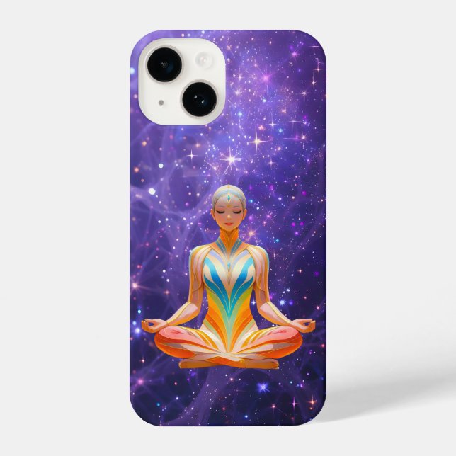 Meditative Frau und mystische Galaxie - iPhone 14 Hülle (Rückseite)