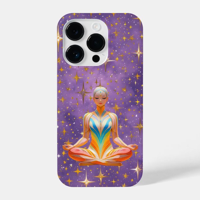 Meditative Frau und Sternenhimmel lila iPhone 14 Pro Hülle (Rückseite)