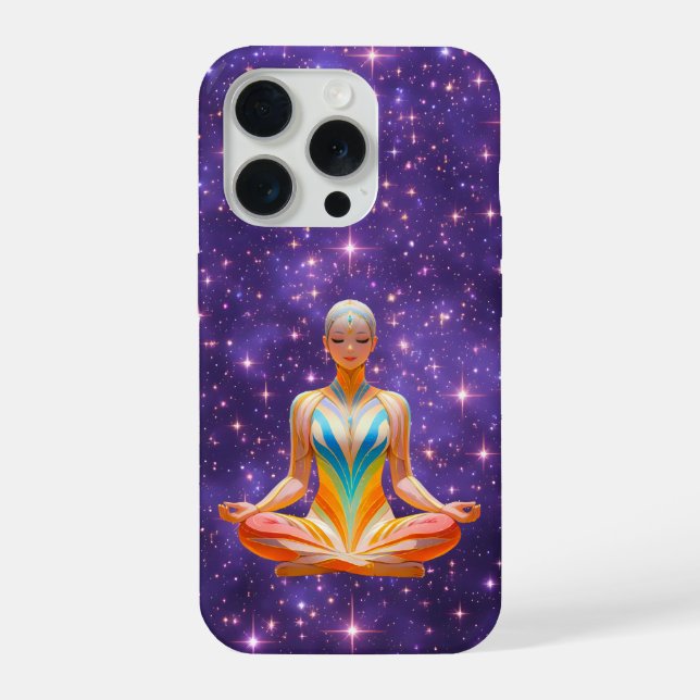 Meditative Frau und Sternenhimmel lila iPhone 15 Pro Hülle (Rückseite)
