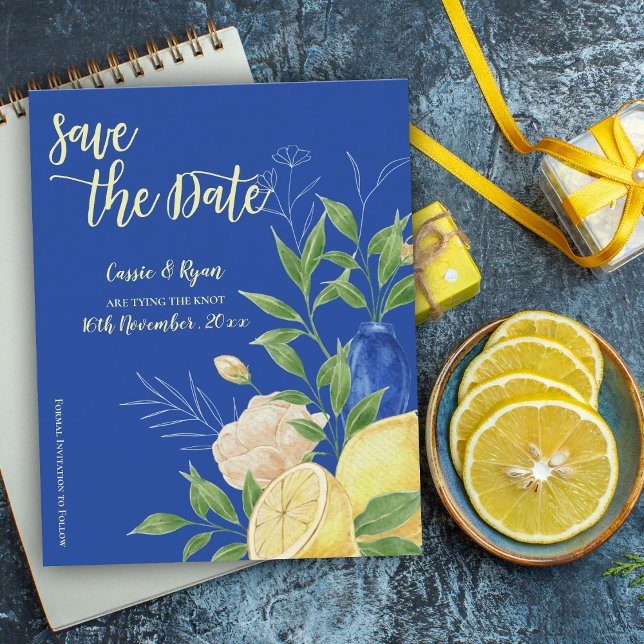 Mediteran Blue Lemon Wedding Save the Date (Mediterranean Blue Lemon Wedding Save the Date)