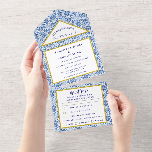 Mediteran Tiles Portugiesisch Rustikale Hochzeit All In One Einladung (Abreißen)