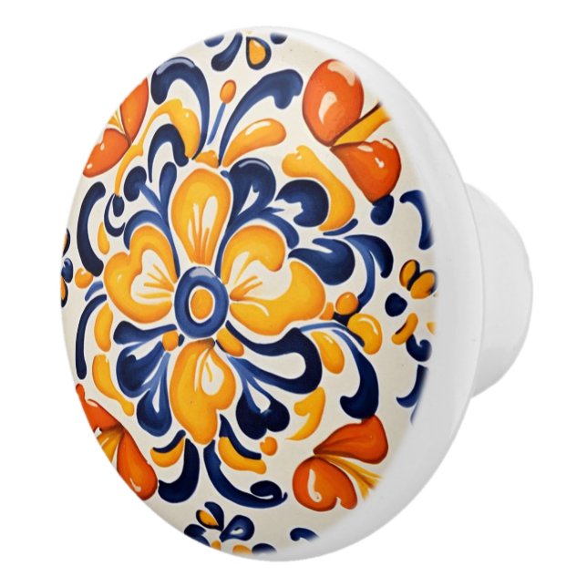 Mediterran Gelb Blauer Sizilianische Blume Keramikknauf (Rechts)