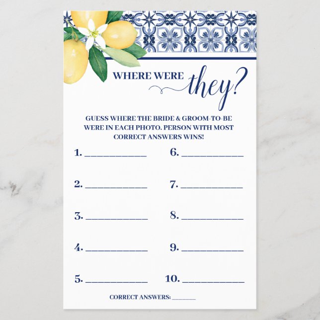 Mediterran, wo Couple Shower Game Card Flyer (Vorne)