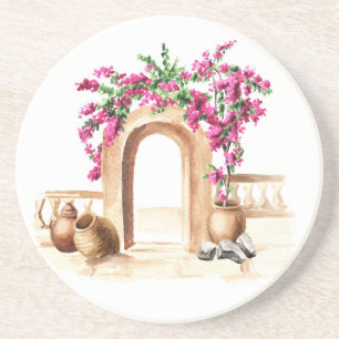 Mediterrane Architektur, Blume, Aquarell, h Getränkeuntersetzer