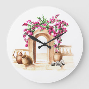 Mediterrane Architektur, Blume, Aquarell, h Große Wanduhr