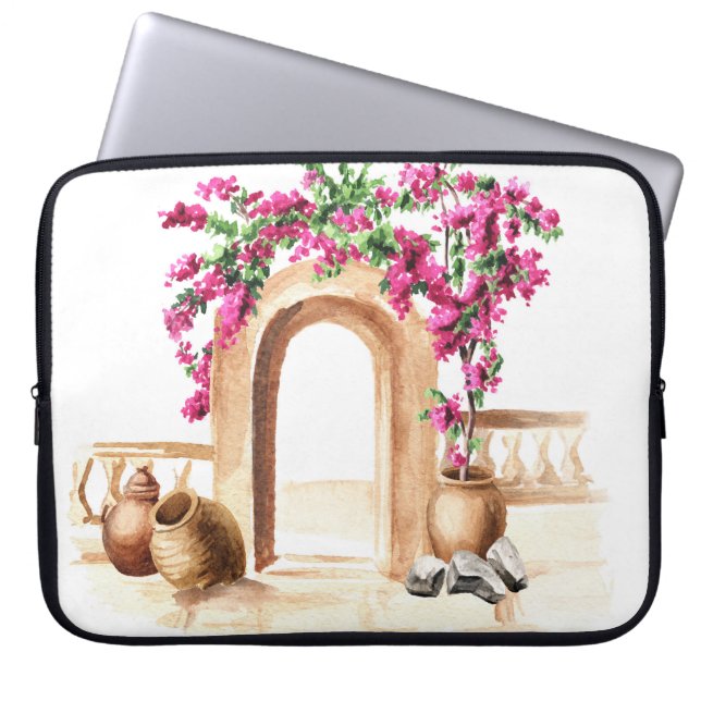Mediterrane Architektur, Blume, Aquarell, h Laptopschutzhülle (Vorderseite)