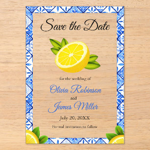 Mediterrane Blaue Hochzeit retten Datum Acryleinladungen