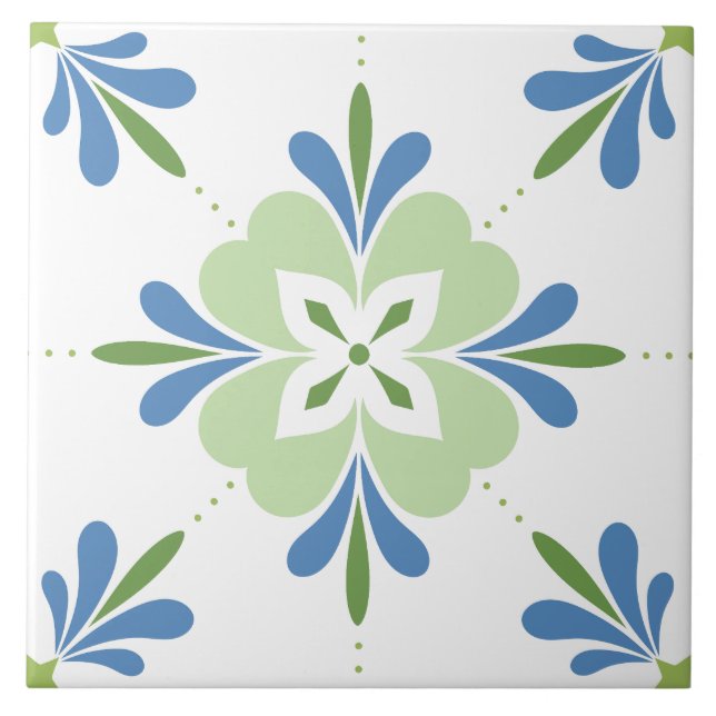 Mediterrane Blume Blau und Grün Fliese (Vorderseite)