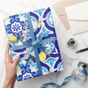mediterrane Fliesen, blaue Fliesen, Zitrone, Geschenkpapier