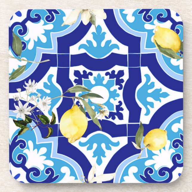 mediterrane Fliesen, blaue Fliesen, Zitrone, Getränkeuntersetzer (Vorderseite)