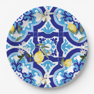 mediterrane Fliesen, blaue Fliesen, Zitrone, Pappteller