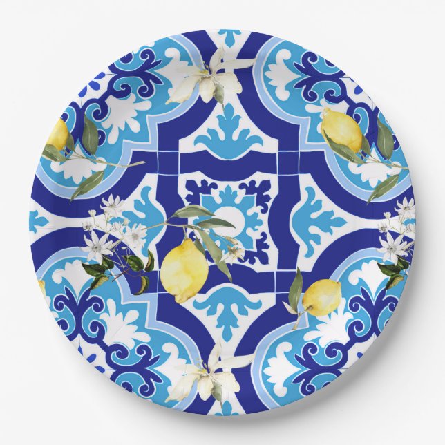 mediterrane Fliesen, blaue Fliesen, Zitrone, Pappteller (Vorderseite)