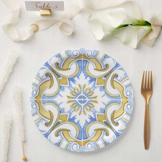 mediterrane Fliesen, Majolika, sizilianischer Stil Pappteller (Hochzeit)
