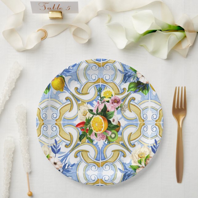 mediterrane Fliesen, Majolika, sizilianischer Stil Pappteller (Hochzeit)