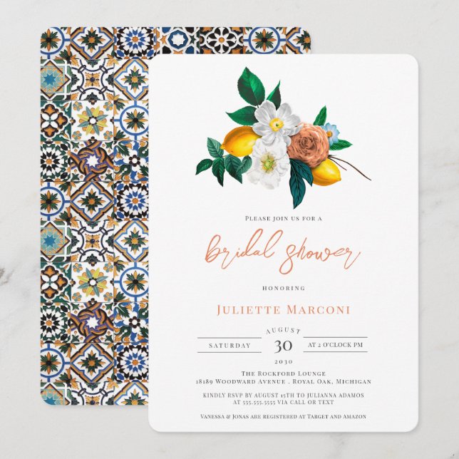 Mediterrane Fliesendusche Vintage Blumen und Zitro Einladung (Vorne/Hinten)