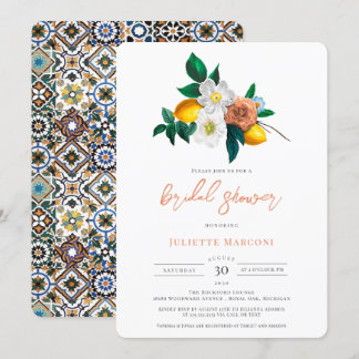 Mediterrane Fliesendusche Vintage Blumen und Zitro Einladung