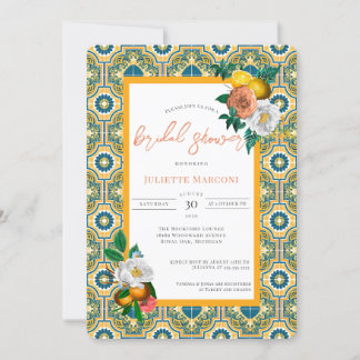 Mediterrane Fliesendusche Vintage Blumen und Zitro Einladung