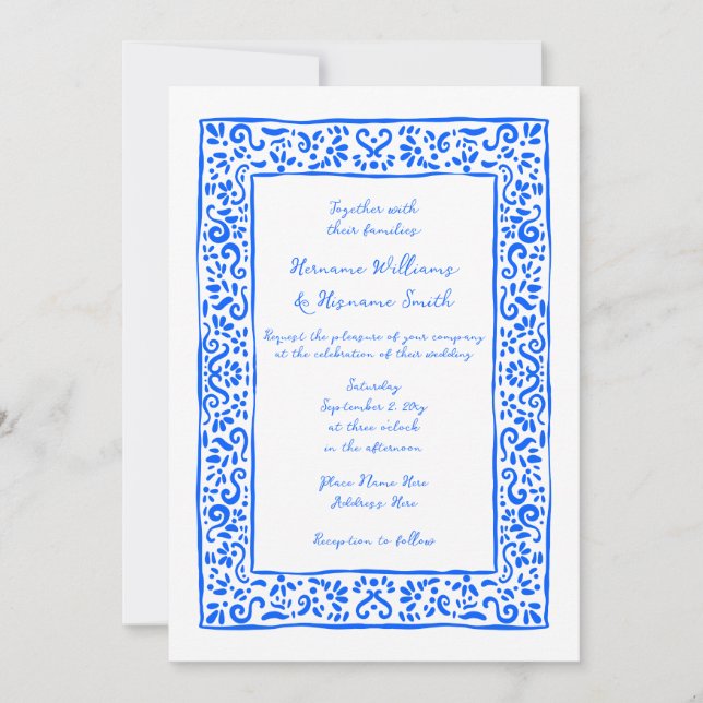 Mediterrane handgestrichene blauweiße Hochzeit Einladung (Vorderseite)