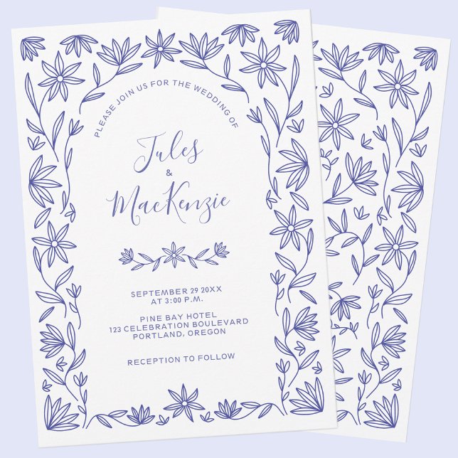 Mediterrane Hochzeit Blau Weiße Blüte Einladung (Modern Mediterranean blue and white floral wedding invitation)