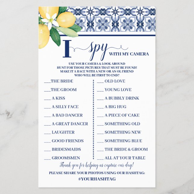 Mediterrane I Spy Wedding Game Card Flyer (Vorne)