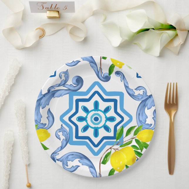 mediterrane Kacheln, Majolika, sizilianischer Stil Pappteller (Hochzeit)