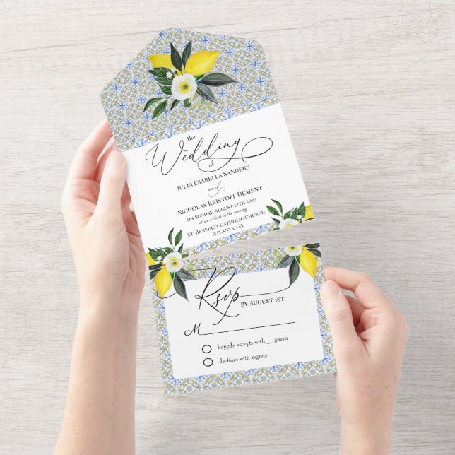Mediterrane Lemon-Hochzeit in einer Einladung (Abreißen)