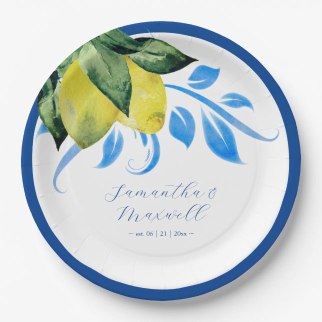 mediterrane Lemon Hochzeitstisch Dekoration Blau Pappteller (Vorderseite)