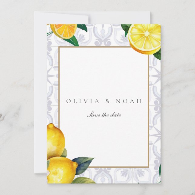 Mediterrane Limone Save the Date Hochzeitskarte Ankündigung (Vorderseite)