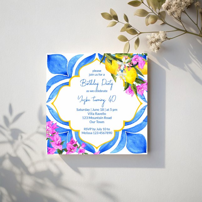 Mediterrane Majolica Fliesen Zitronen Geburtstagsp Einladung (Mediterranean blue Majolica tiles lemons bougainvillea  birthday party Invitation template)