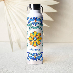 Mediterrane Majolika-Fliesen bedruckt blau und gel Trinkflasche