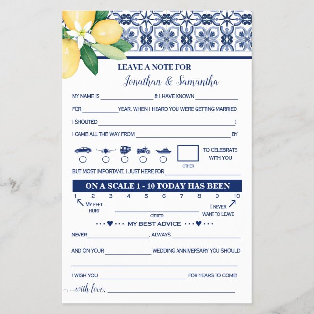 Mediterrane Note für Paare Wedding Game Card Flyer (Vorne)