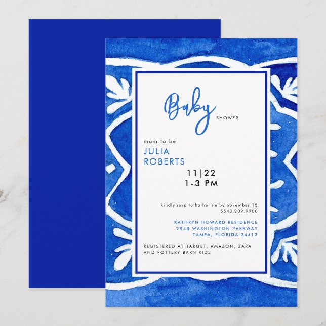 Mediterrane Tile Cobalt Blue Baby Dusche Einladung (Vorne/Hinten)