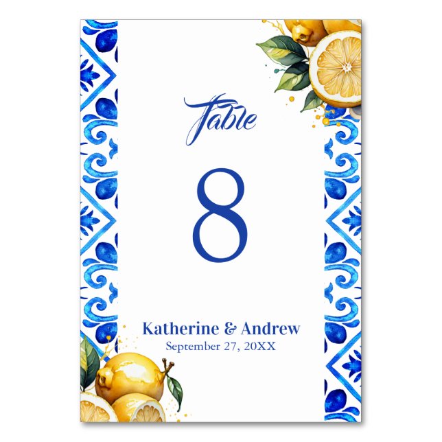 Mediterrane Tile Italia Lemon Wedding Tischnummer (Rückseite)