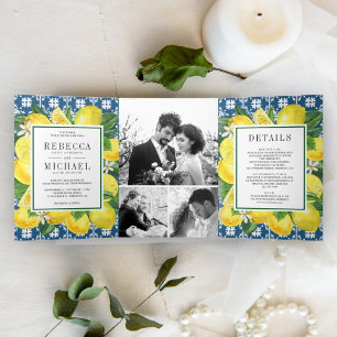 Mediterrane Tile Lemon Foto Collage Hochzeit Dreifach Gefaltete Einladung